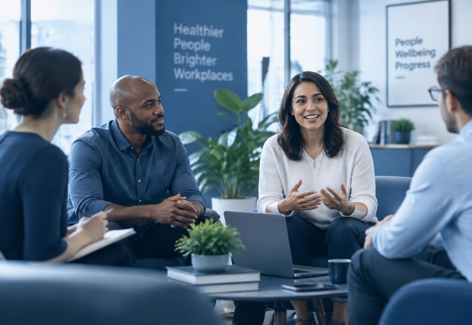 Equipe reunida em um escritório discutindo bem-estar no trabalho